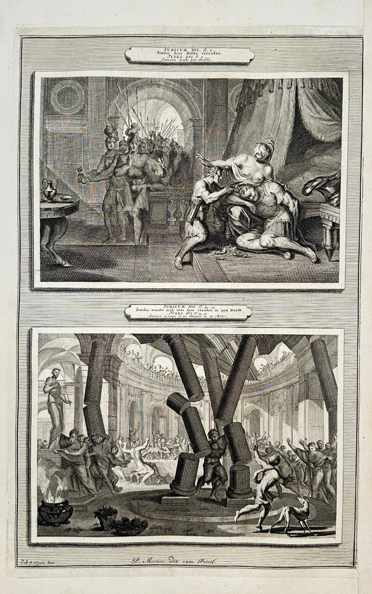 Antique Biblical Print - Samson Betrayal of Delilah, Revenge on Enemies F5