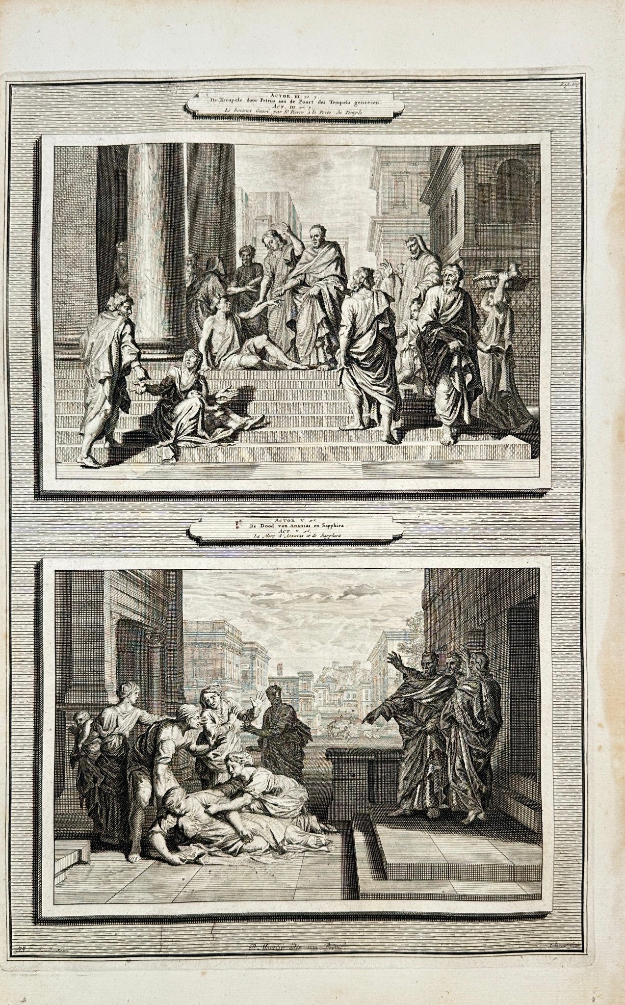 Antique Biblical Print - Healing at the Temple Gate & Death of Spouses F5