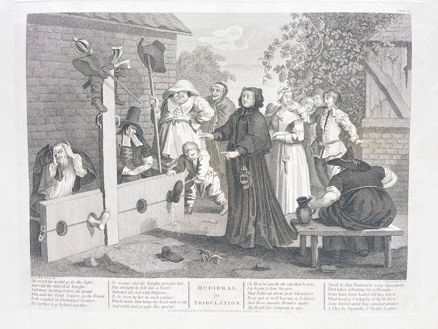Antique Engraving - William Hogarth - Doble Grabado 5 y 6 de Hudibras - E5