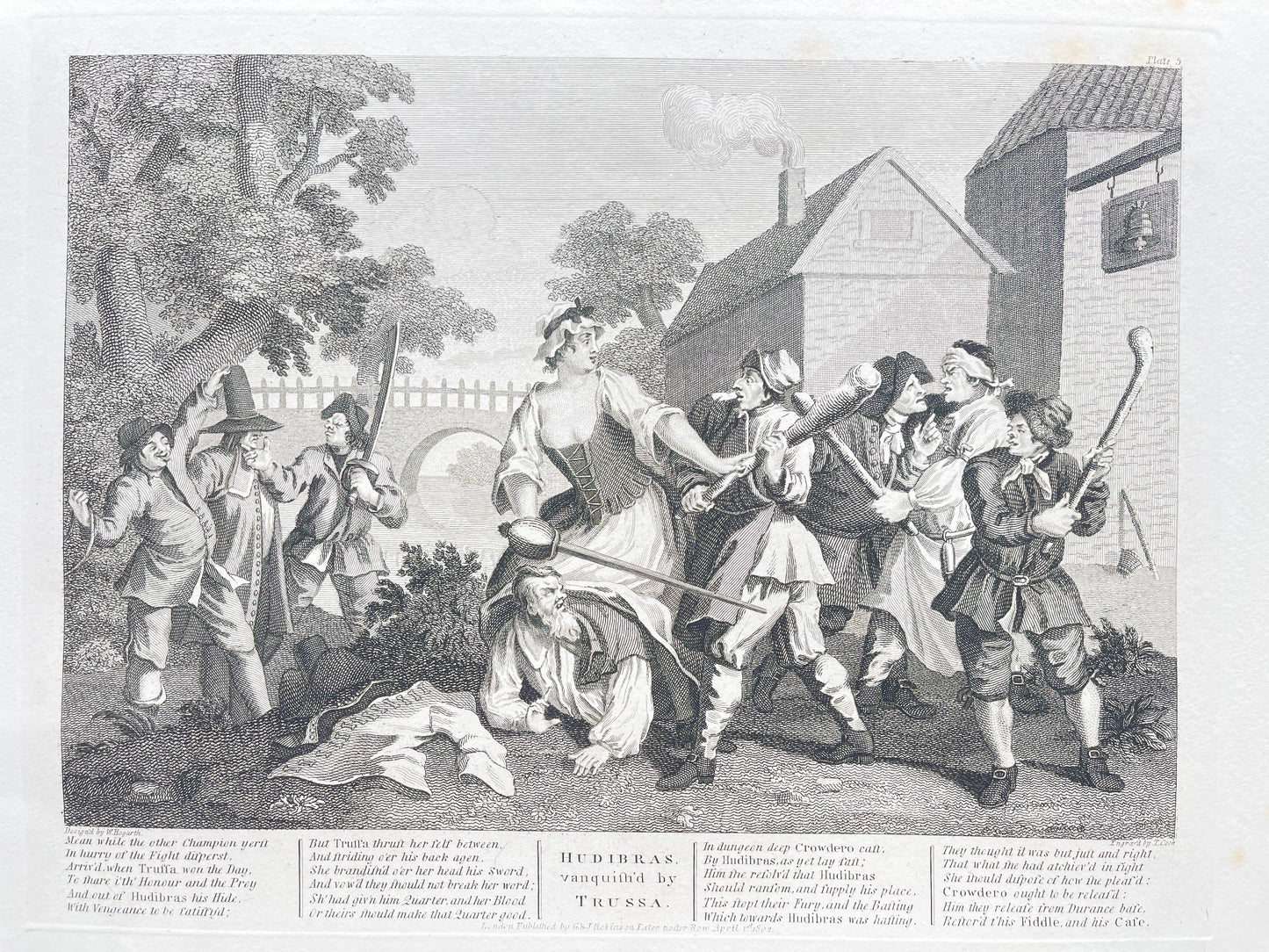 Antique Engraving - William Hogarth - Doble Grabado 5 y 6 de Hudibras - E5