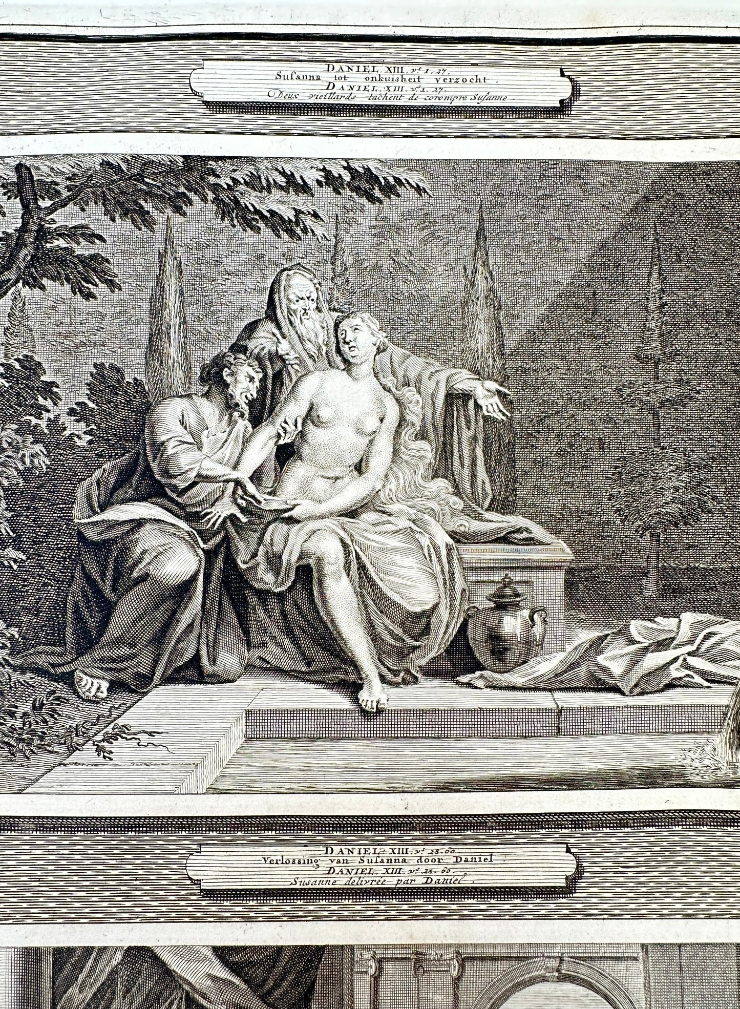 Antique Engraving - Pierre Mortier - Susanna Tempted to Unchastity - F5