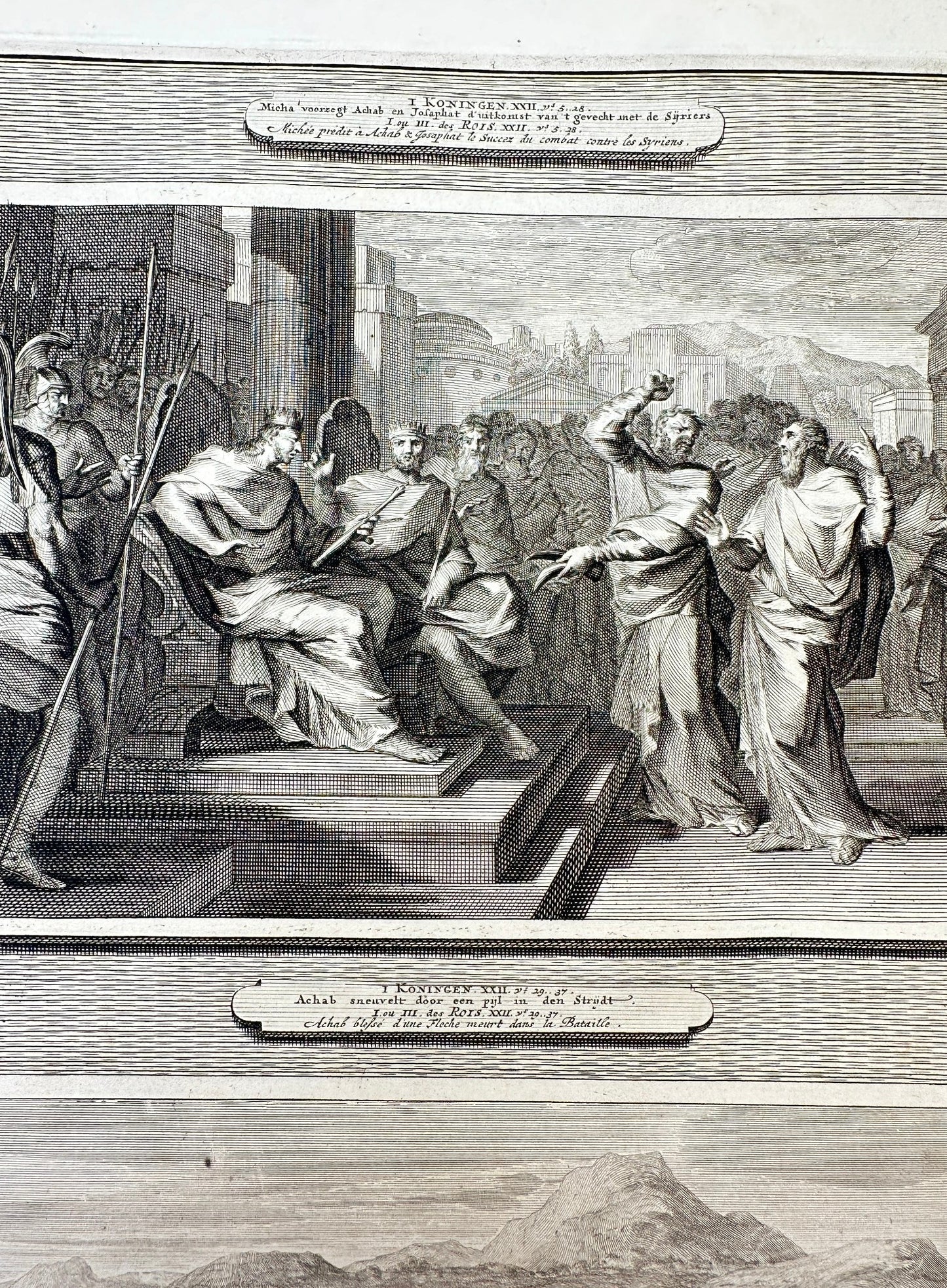 Antique Print - Pierre Mortier - Ahab Falls by an Arrow in the Battle - F5