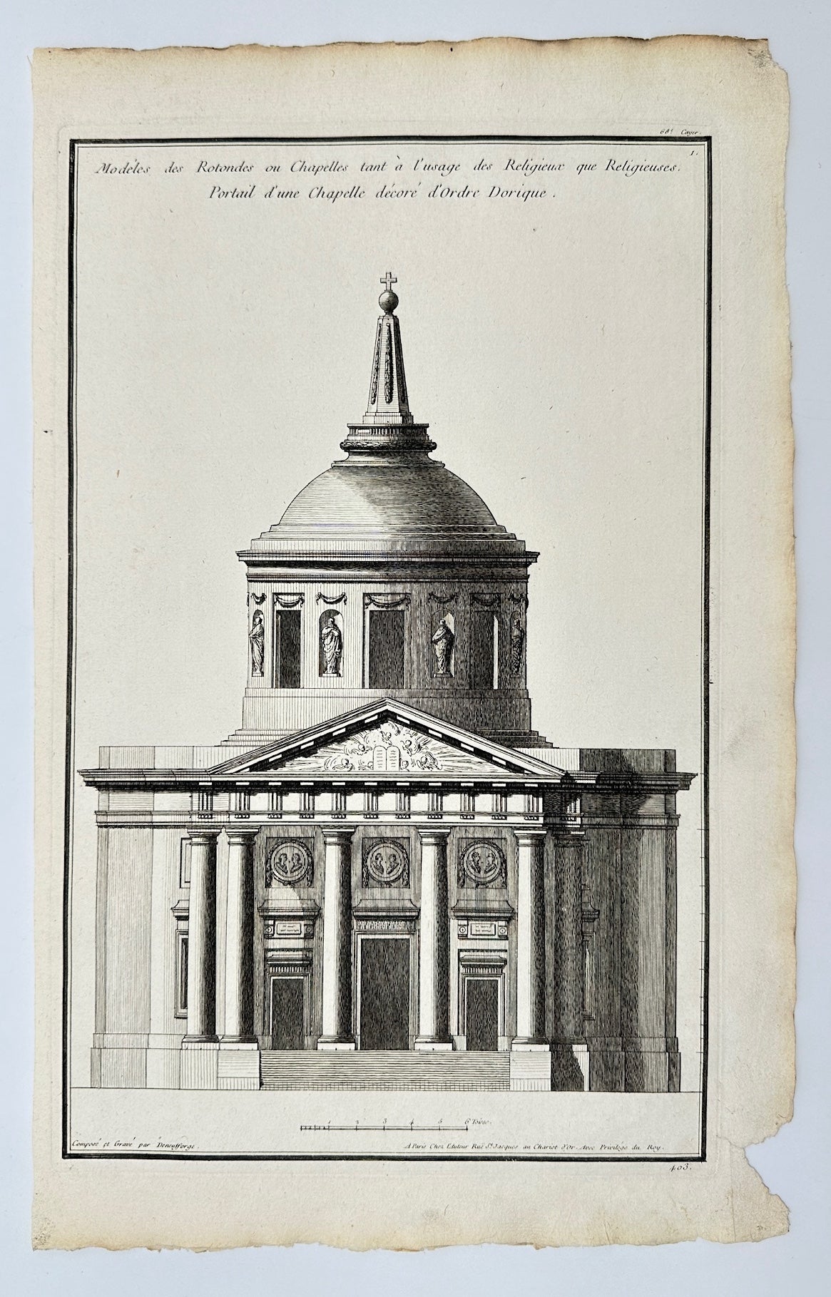 Antique Print - Portal of a Chapel Decorated in the Doric Order - France - F4