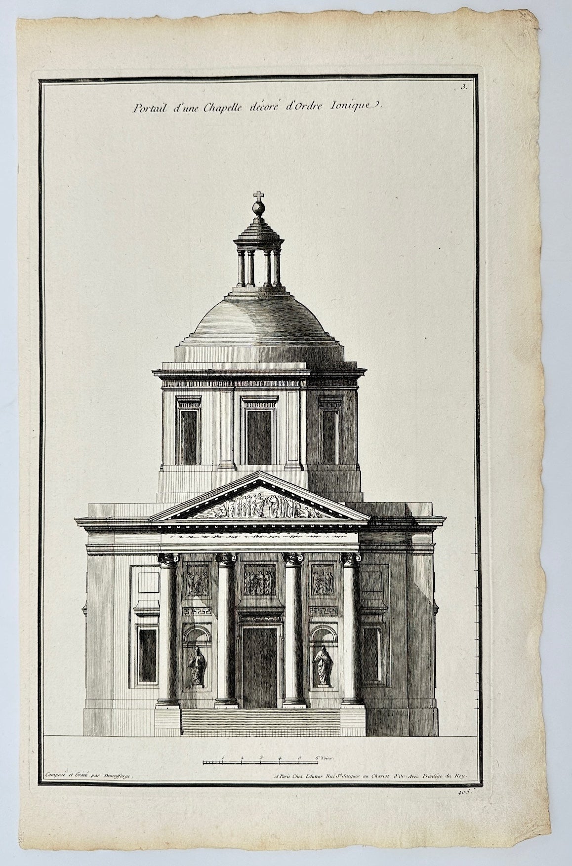 Antique Print - Portal of a Chapel Decorated in the Ionic Order - France - F4