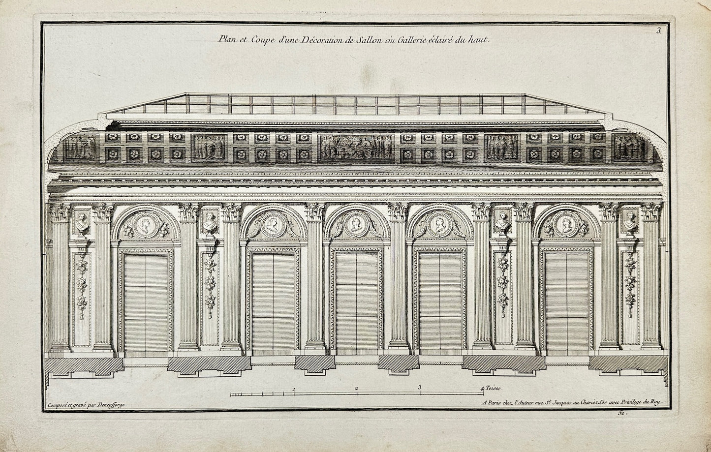 Antique Print - Plan and Section of a Decoration of a Salon or Gallery - F4