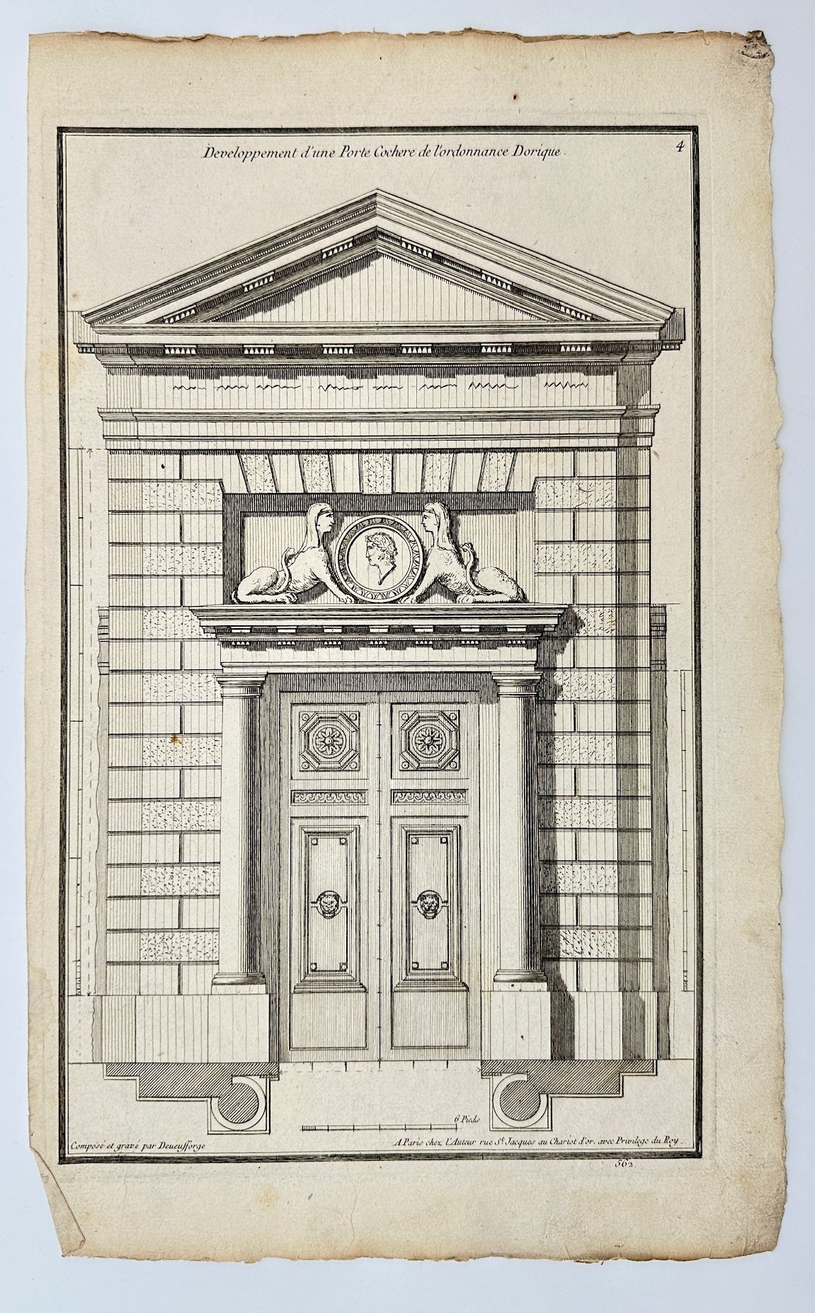 Antique Architectural Print - Doric Style Carriage Entrance - France - F4