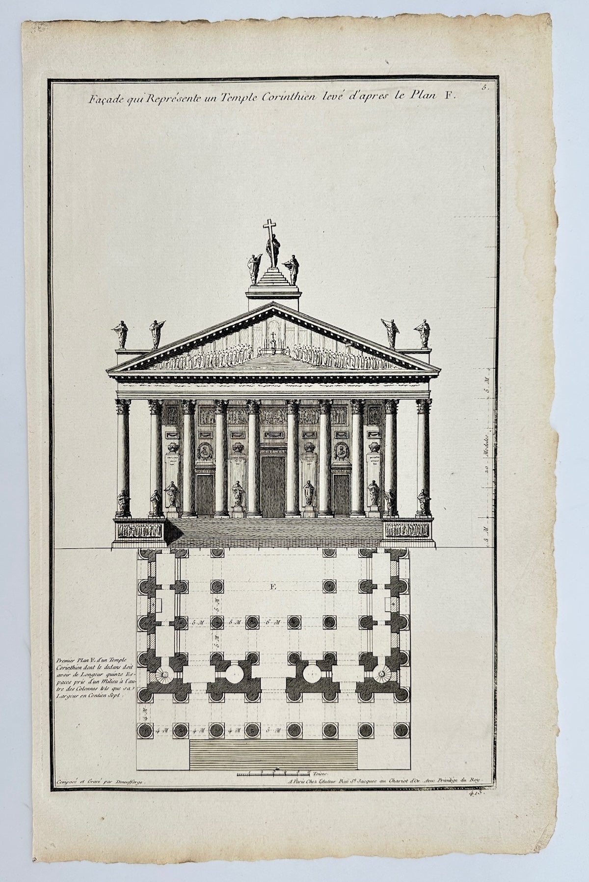 Antique Architectural Print - Facade of the Corinthian temple - France - F4