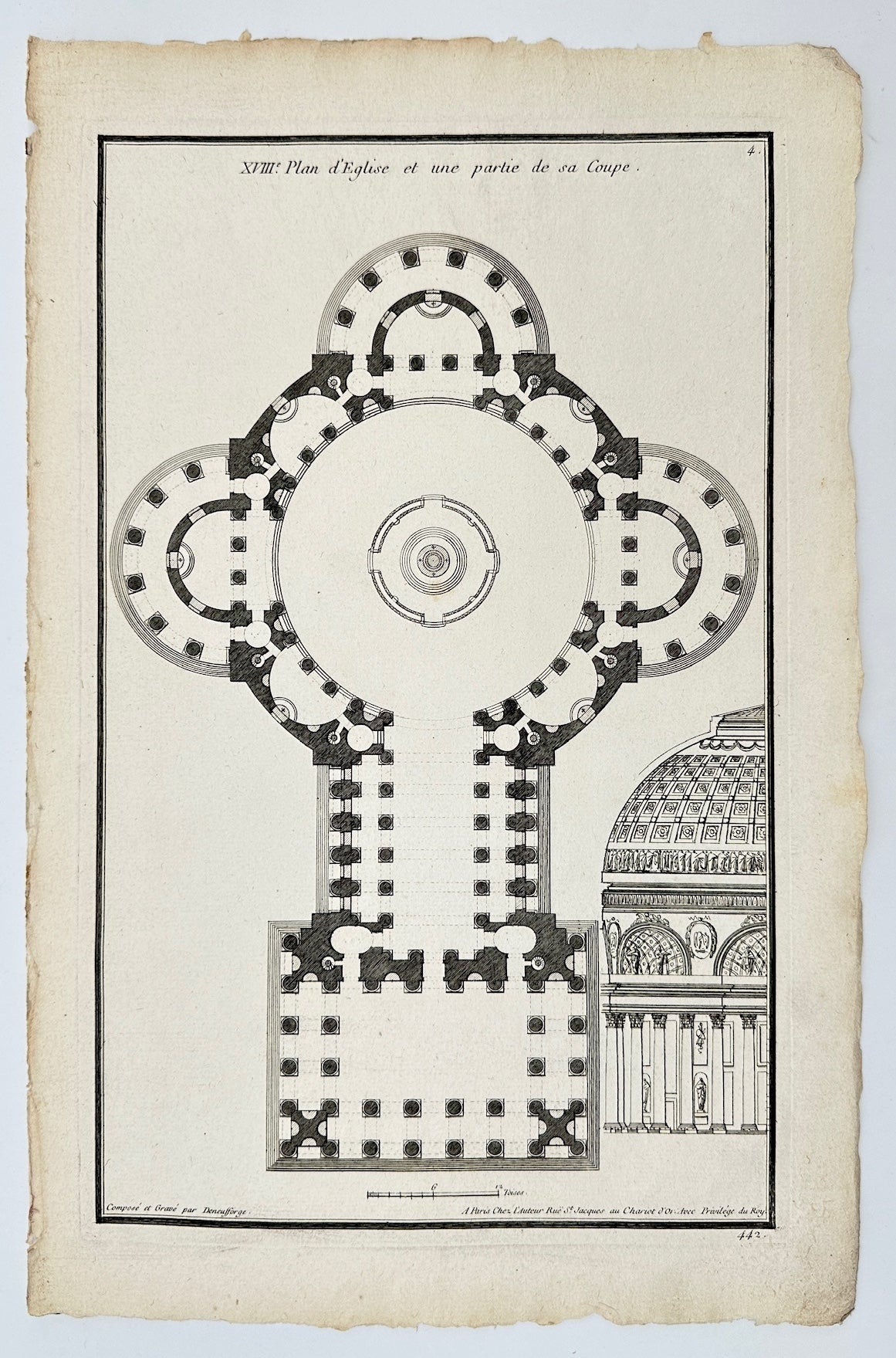 Antique Architectural Print - Church Plan and a Part of its Section - F4