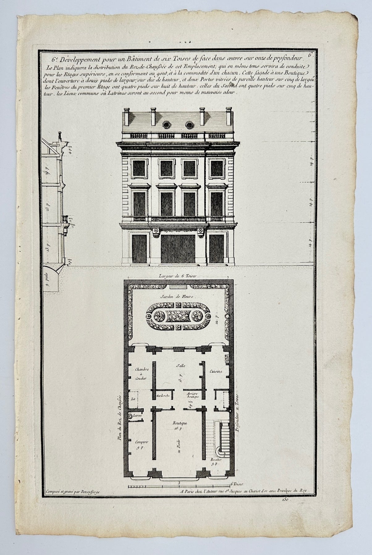 Antique Architectural Print - Plans for four Multi-story Townhouses - F4