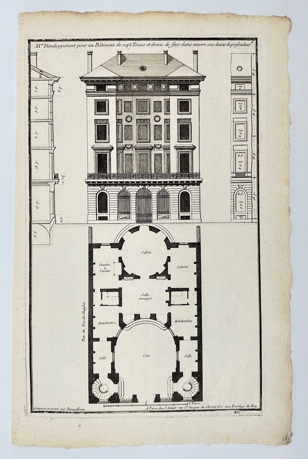 Antique Architectural Print - Development for a Building of seven Toises - F4