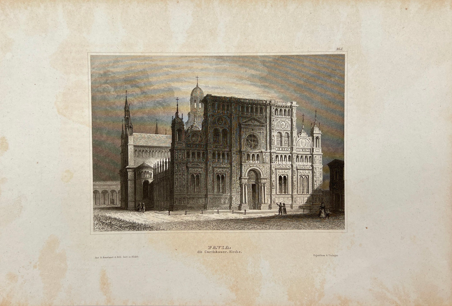 Original Antique Engraving - Karl Reiss - Pavia: the Carthusians - Church - E5