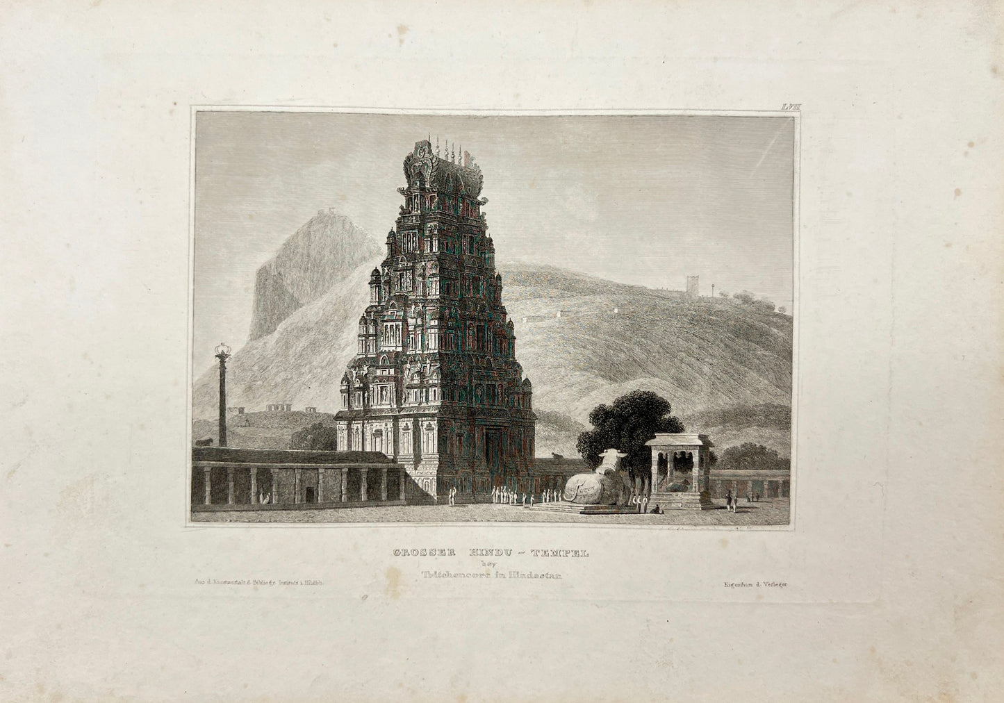 Antique Print - Reiss - Large Hindu temple near Tritchencore in Hindosta - E5