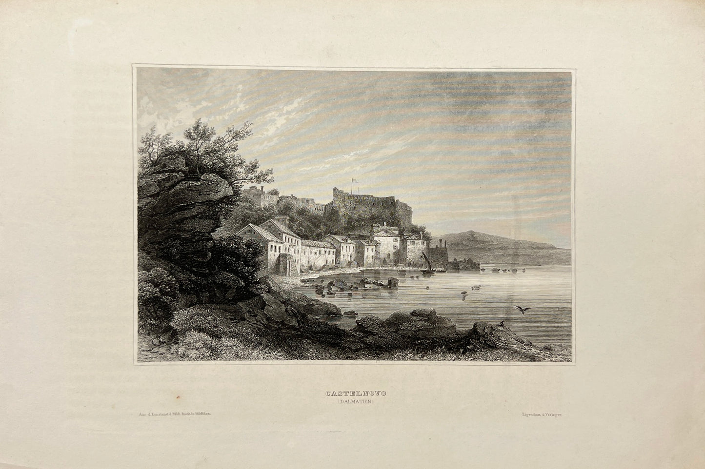 Original Antique Engraving - Karl Reiss - View of Castelnuovo (Dalmatia) - E5