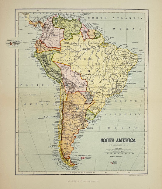 Original Antique Map - John Bartholomew - South America - Pacific Ocean - G3