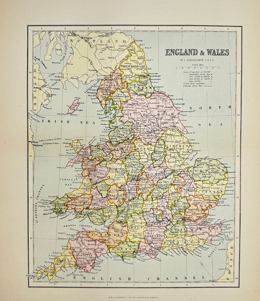 Original Antique Map - John Bartholomew - England & Wales - North Sea - G3