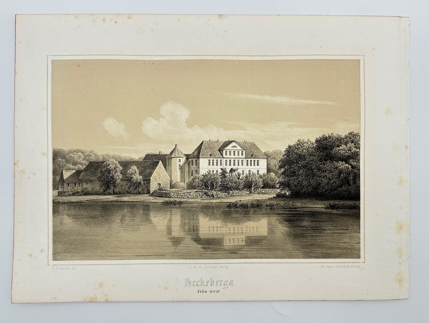 Original Antique Print - Ferdinand Richardt - Heckeberga From West - Sweden - F3