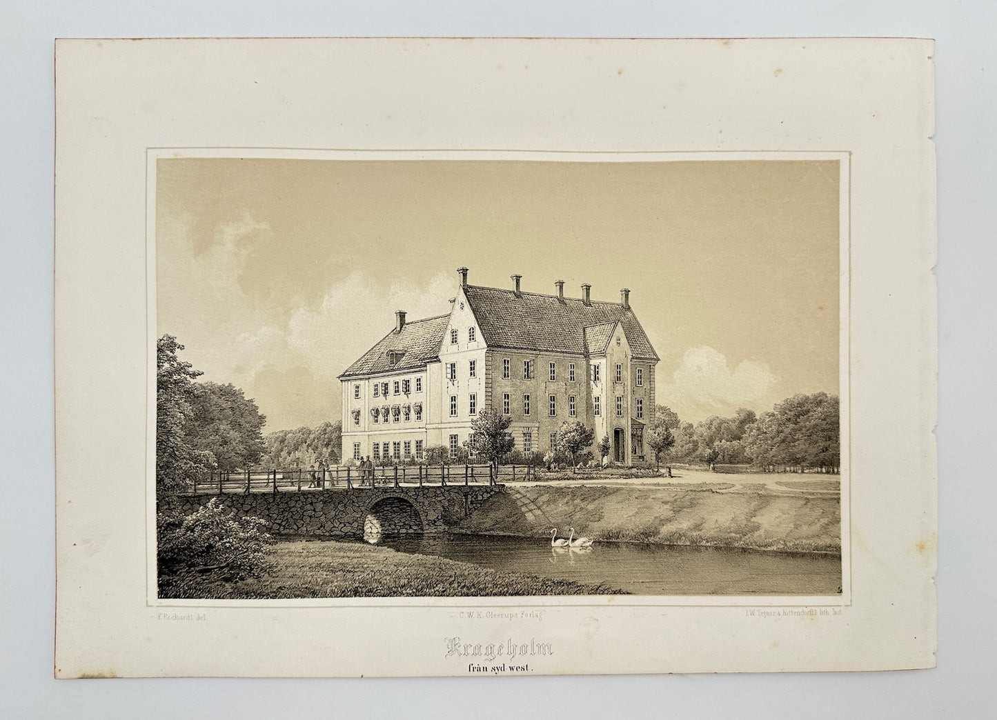 Original Antique Print - Ferdinand Richardt - Krageholm From the South West - F3