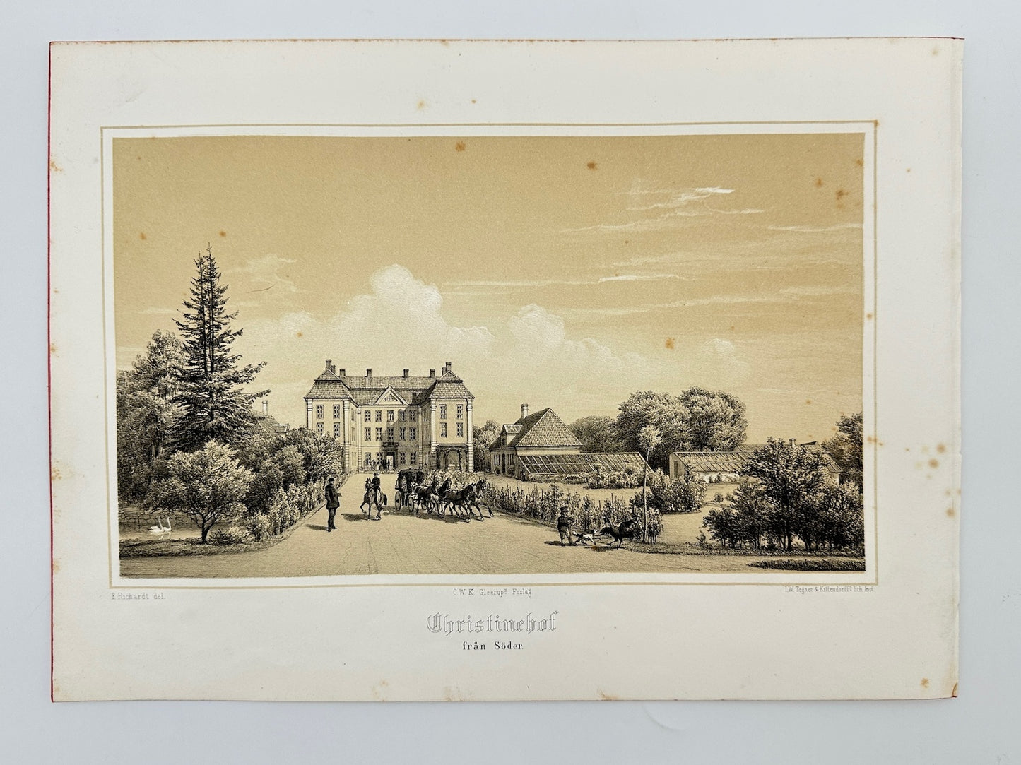 Original Antique Print - Ferdinand Richardt - Christinehof Castle - Sweden - F3