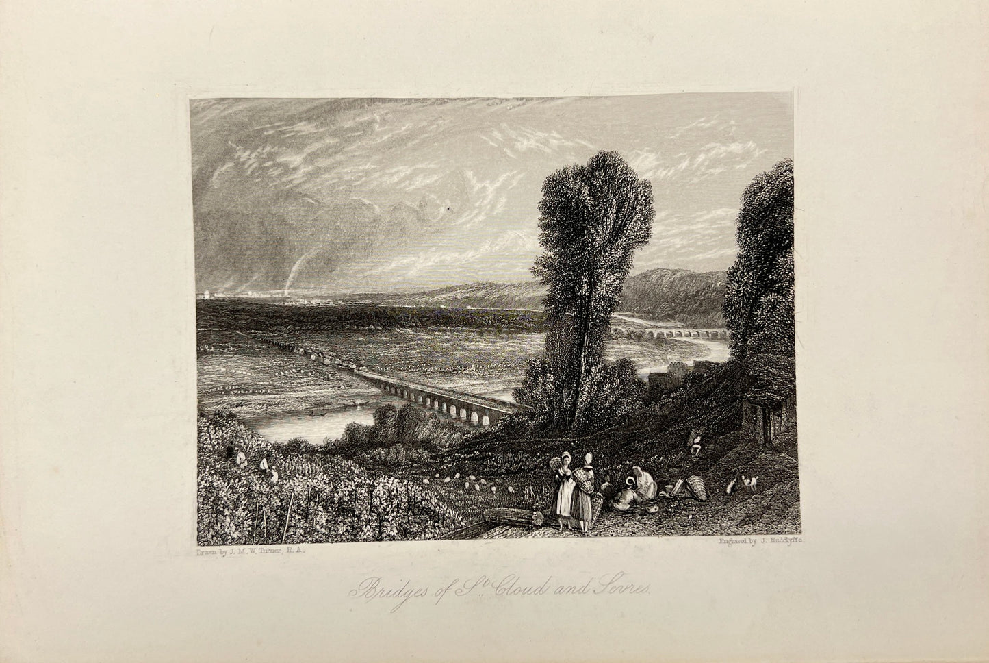 Original Antique Print - William Radclyffe - Bridges of St Cloud and Sare - E5