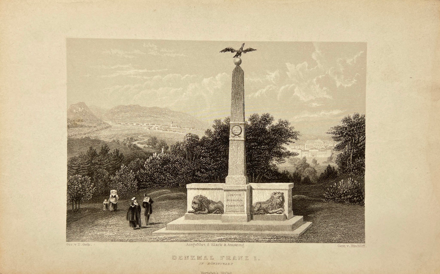 Original Antique Engraving - Hinchliff - Franzi Monument in Konigswart - E5