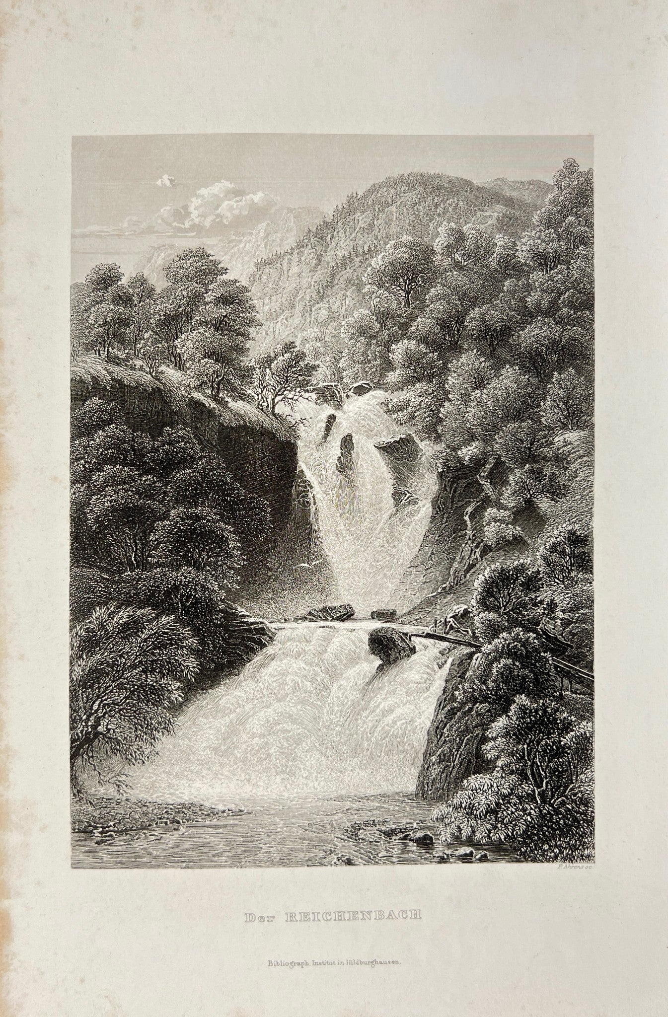 Antique Engraving - Johann Jacob - View of The Reichenbach - Switzerland - E5