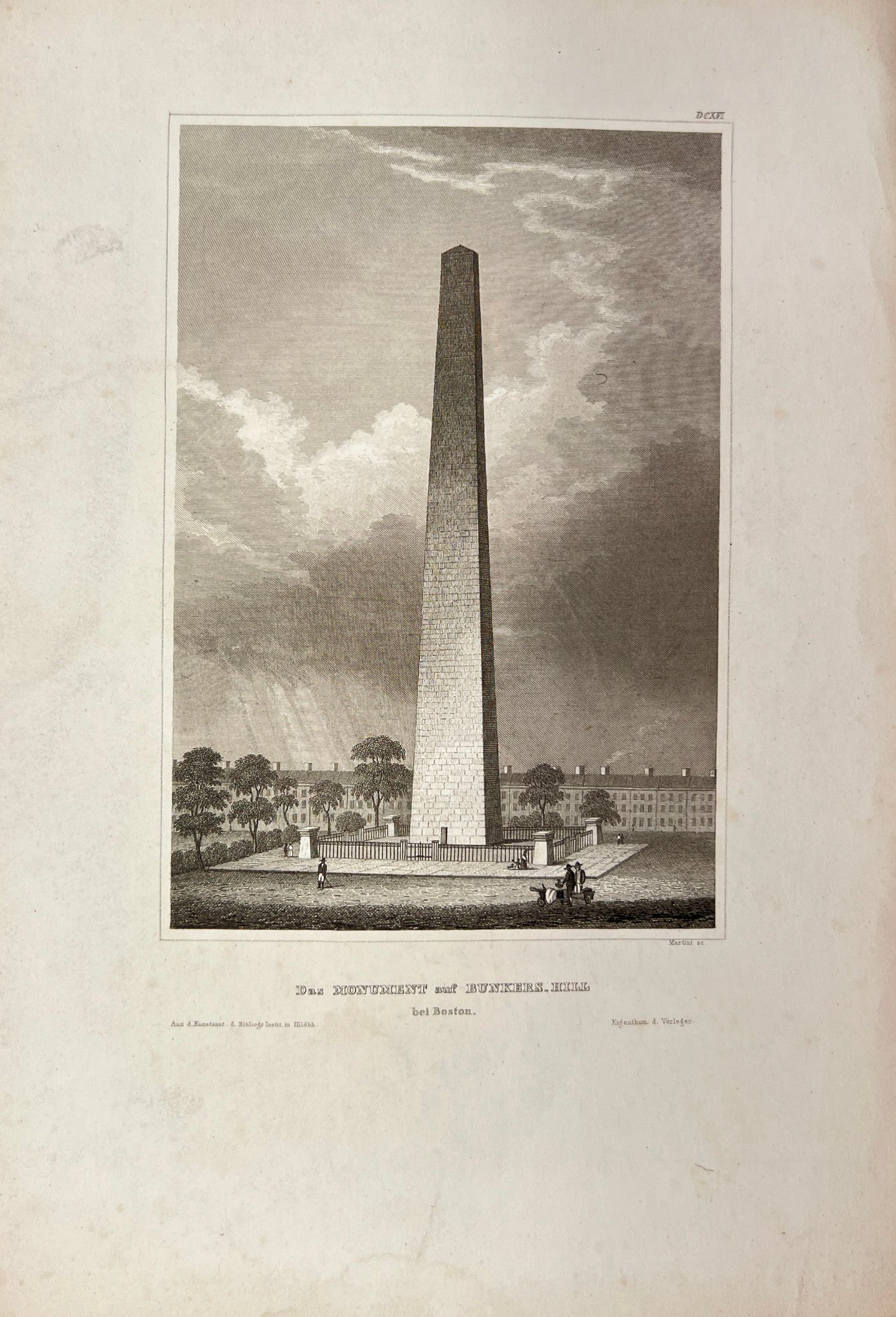 Antique Engraving - Carl Joseph Meyer - Das Monument auf Bunkers - Boston - E5