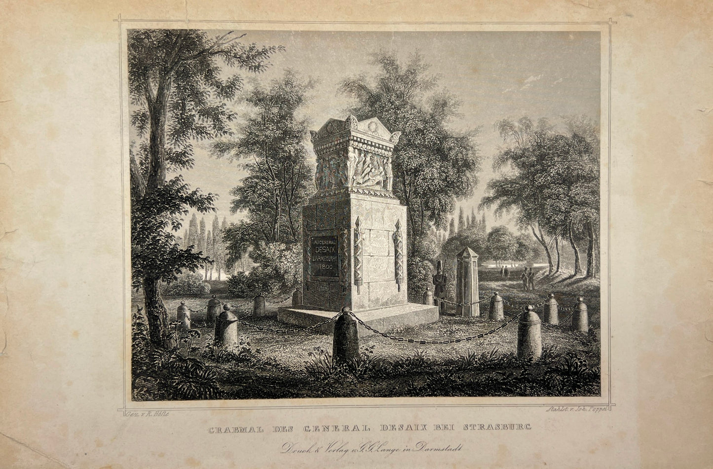 Antique Engraving - Carl Joseph Meyer - General Desai's Tomb - Strasbourg - E5