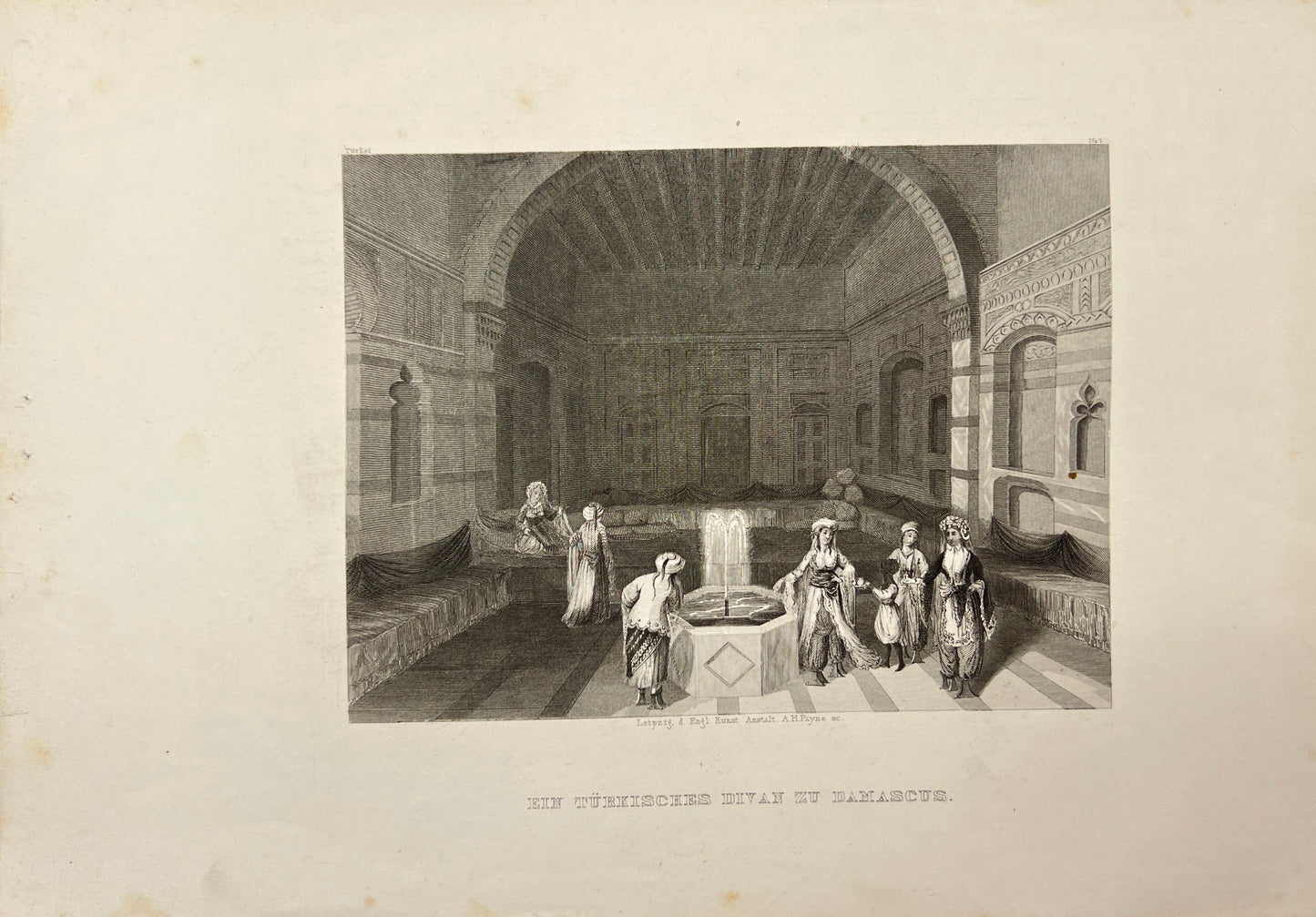 Original Antique Engraving - Carl Joseph Meyer - A Turkish Divan-Damascus - E5