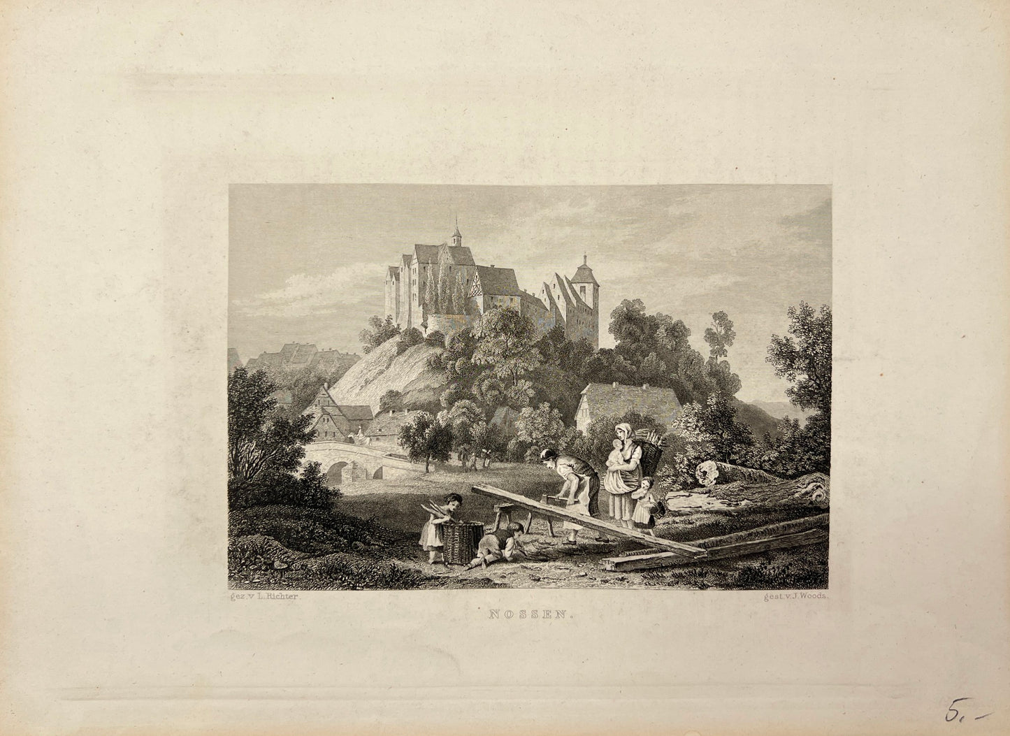 Antique Engraving - Carl Joseph Meyer - View of Nossen Castle in Germany - E5