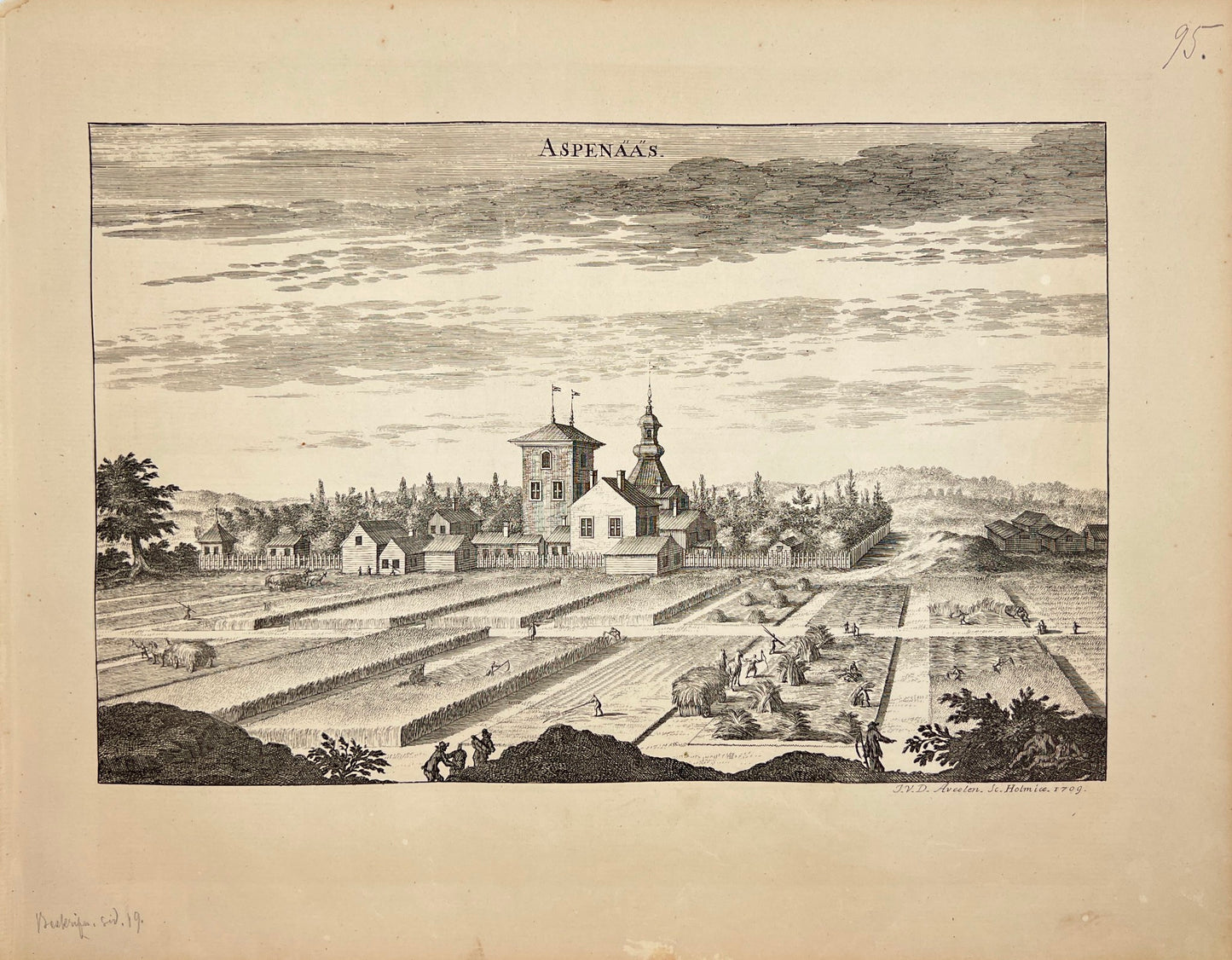 Original Antique Print - Erik Dahlberg - View of Aspnäs Farm - Sweden - E1