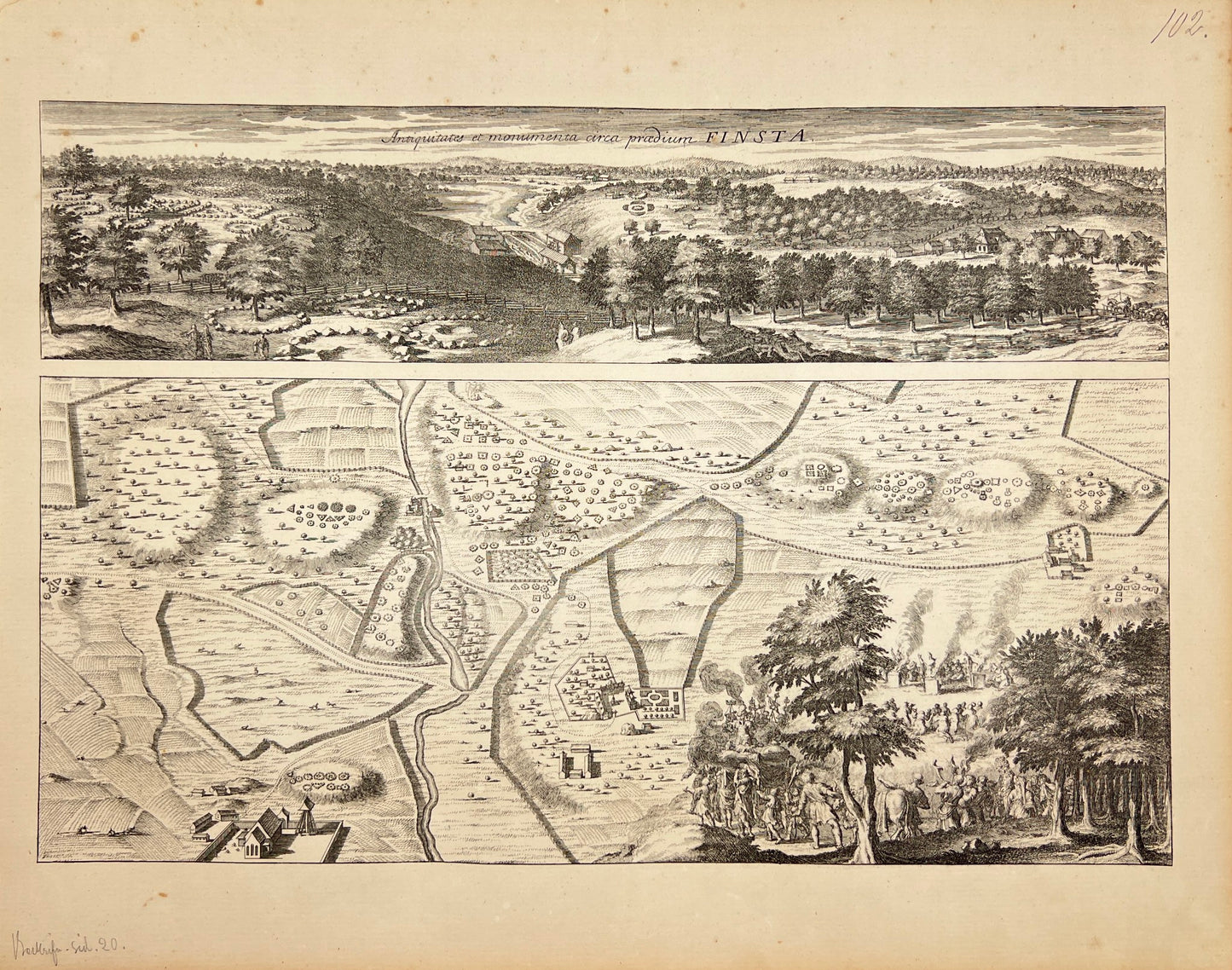 Original Antique Print - Erik Dahlberg - View of Finsta - Norrtälje Commune - E1