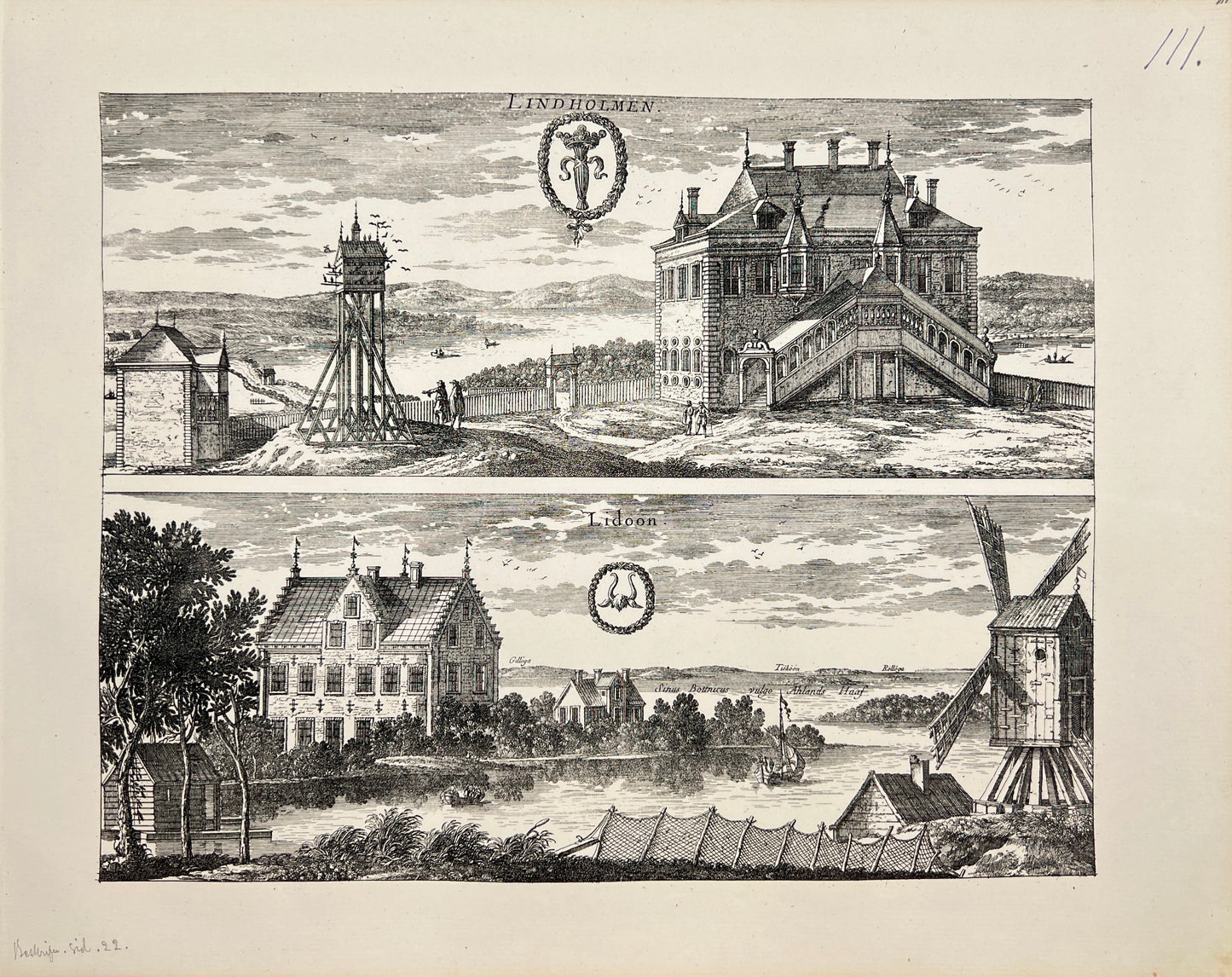 Original Antique Print - Erik Dahlberg - View of Uppland Museum - Sweden - E1