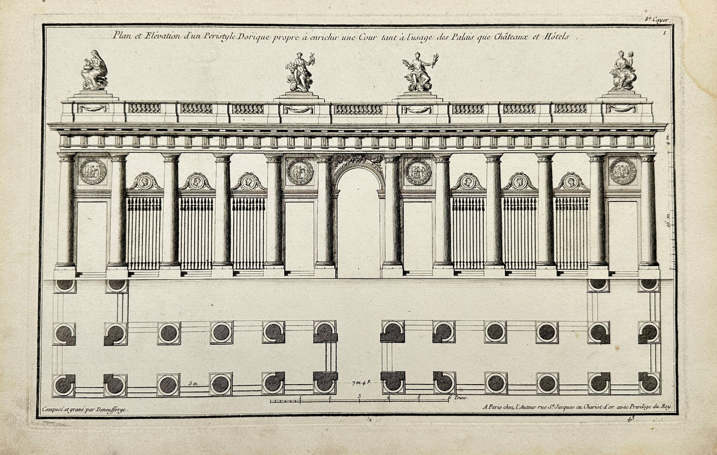Antique Architectural Print - Plan and Pediment of the Doric Peris - France - F3