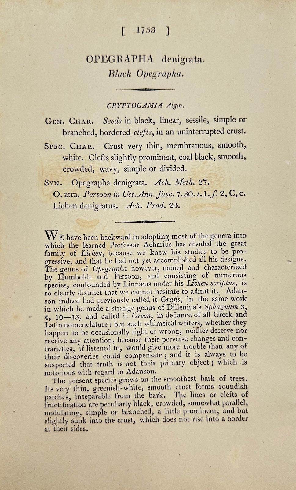 Antique Print - James Sowerby - Opegrapha Denigrata - Denigrate Opegrapha - F1