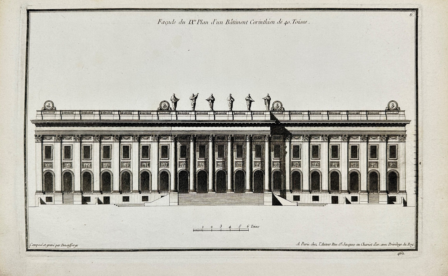 Antique Architectural Print - Facade of a Corinthian Building - France - F4
