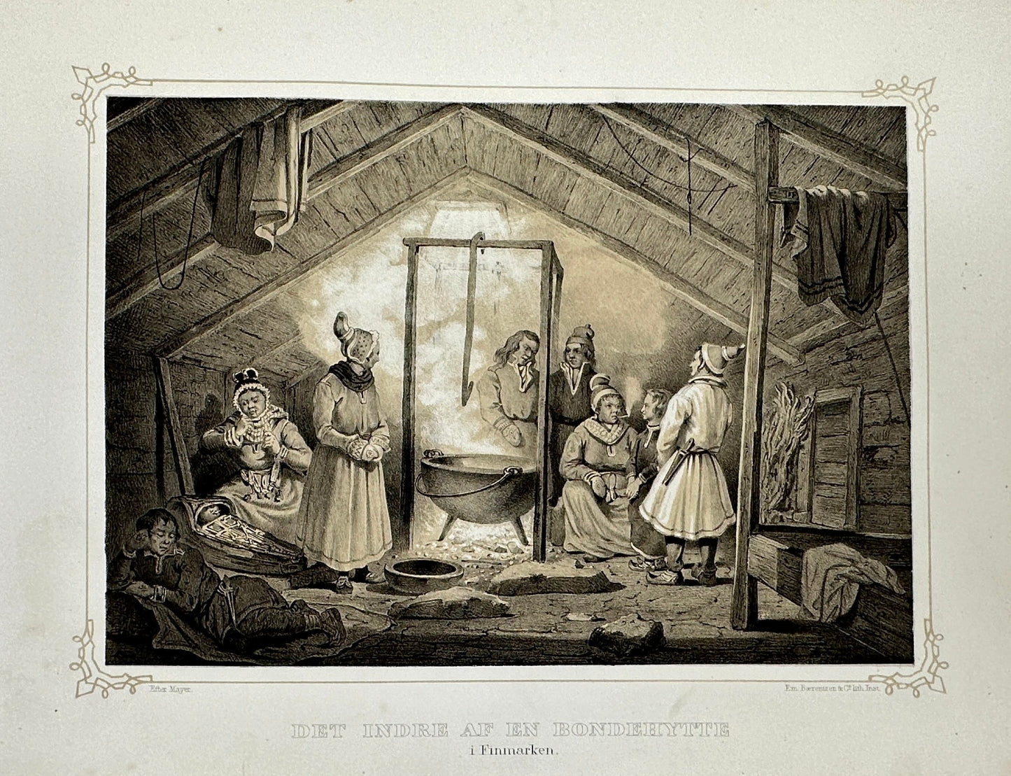 Antique Landscape Print - Tidemand - Interior of a Peasant Hut - Norwey - F4
