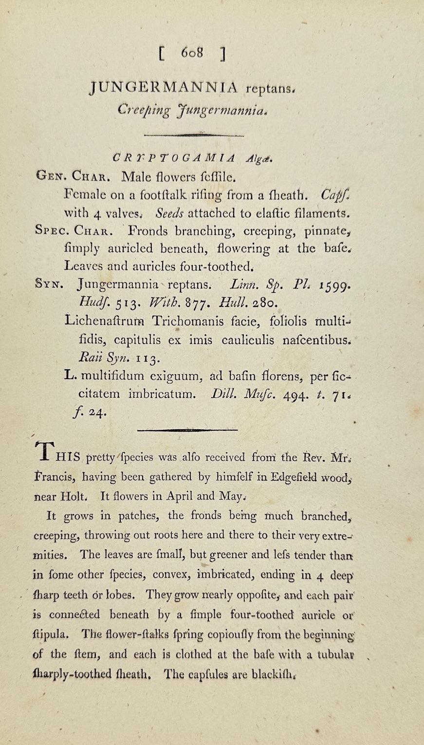 Antique Print - James Sowerby - Jungermannia Reptans - Creeping Liverwort - F1