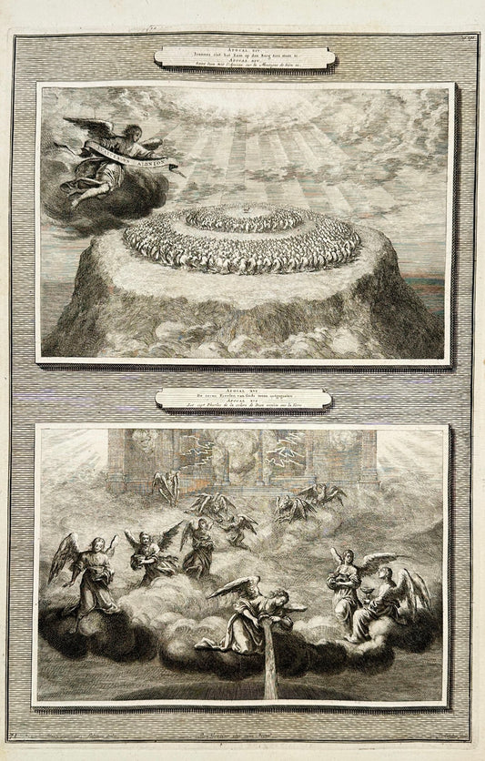 Antique Biblical Print - Lamb on Mount Zion and 7 Bowls of God's Wrath F5
