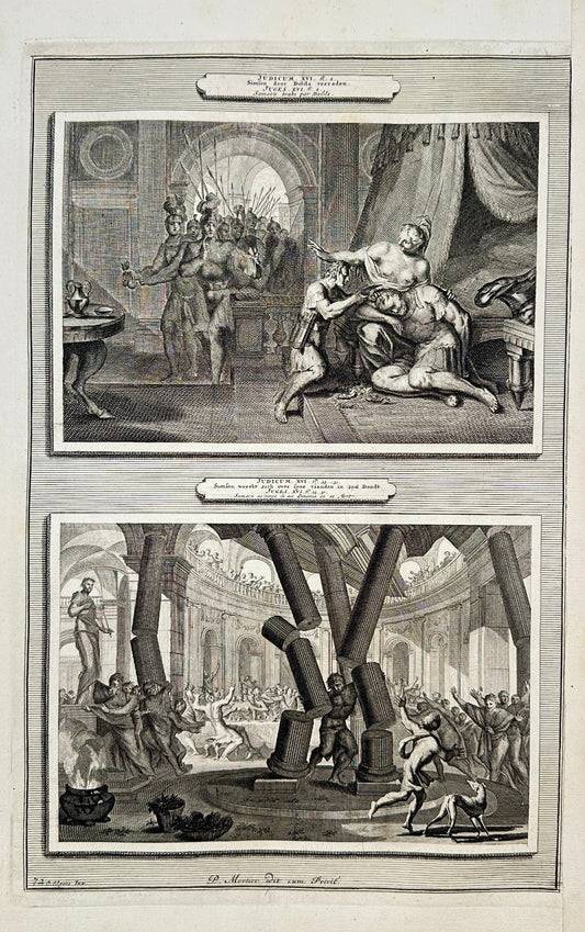 Antique Biblical Print - Samson Betrayal of Delilah, Revenge on Enemies F5