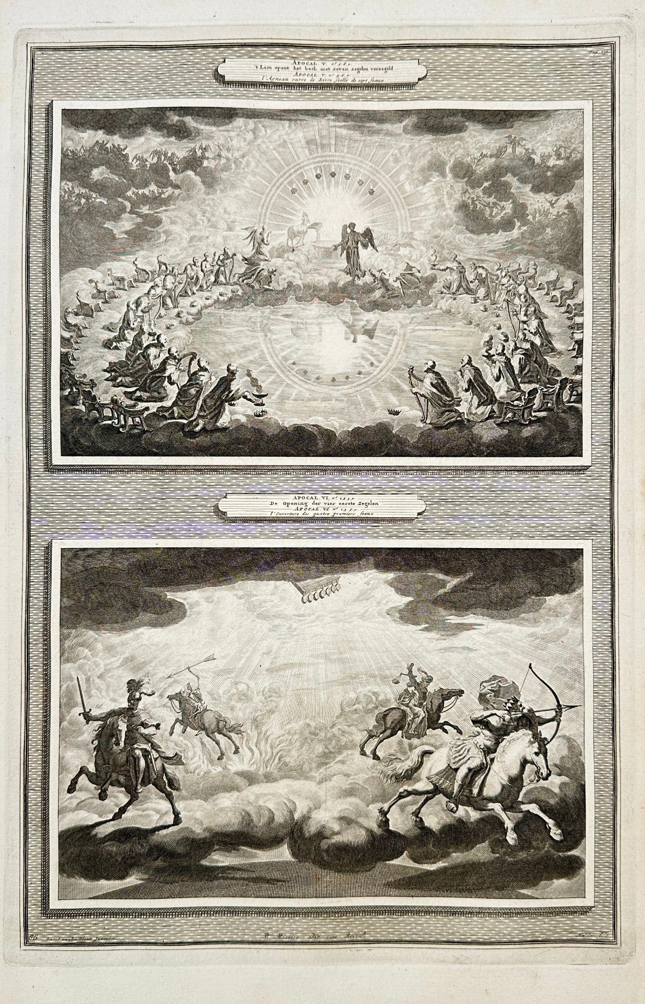 Antique Print - Mortier - The Lamb Opens the Book and Opening of 4 Seals F5