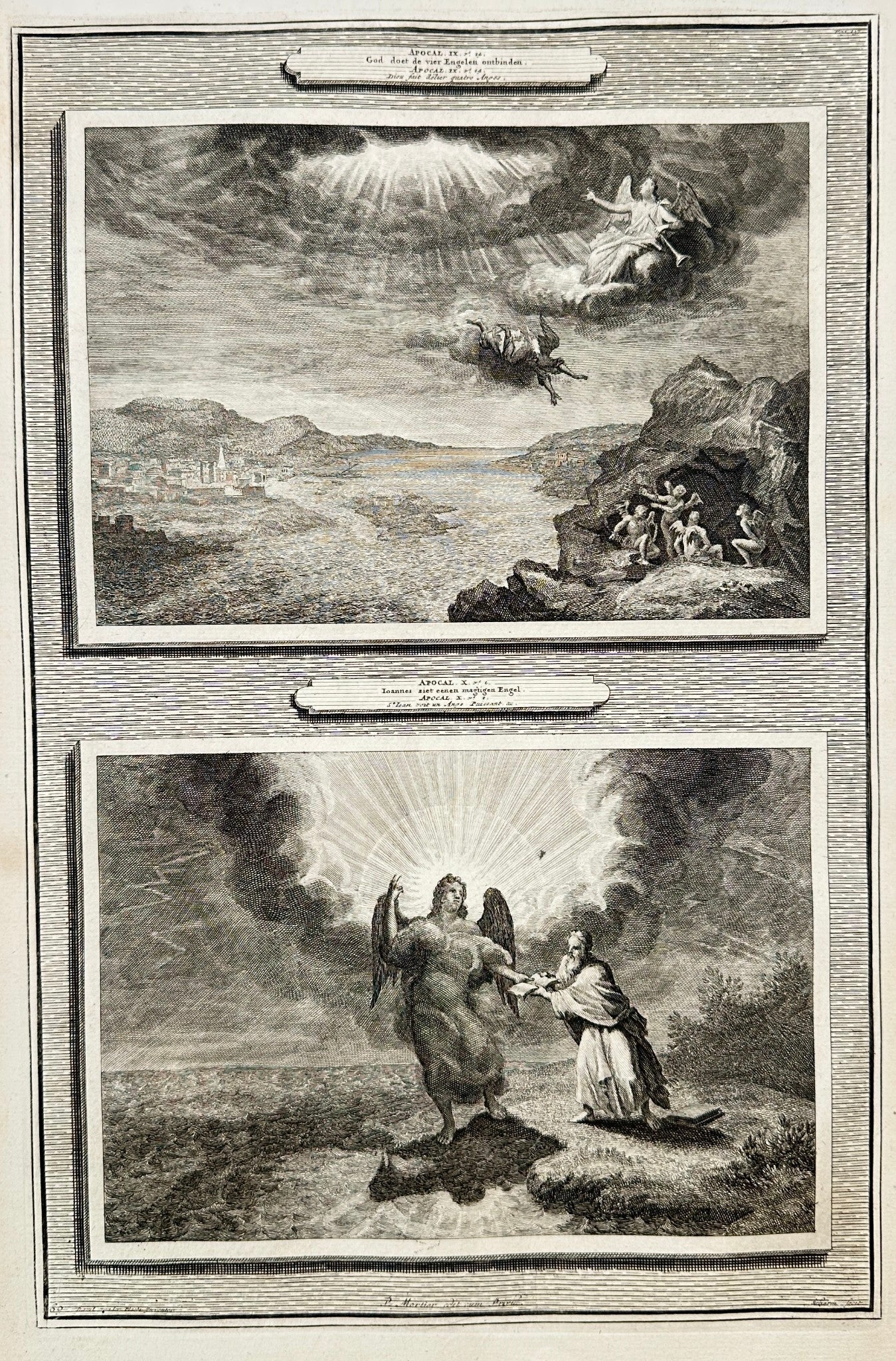 Antique Print, - Mortier - God Throws Down an Angel & John Sees an Angel F5