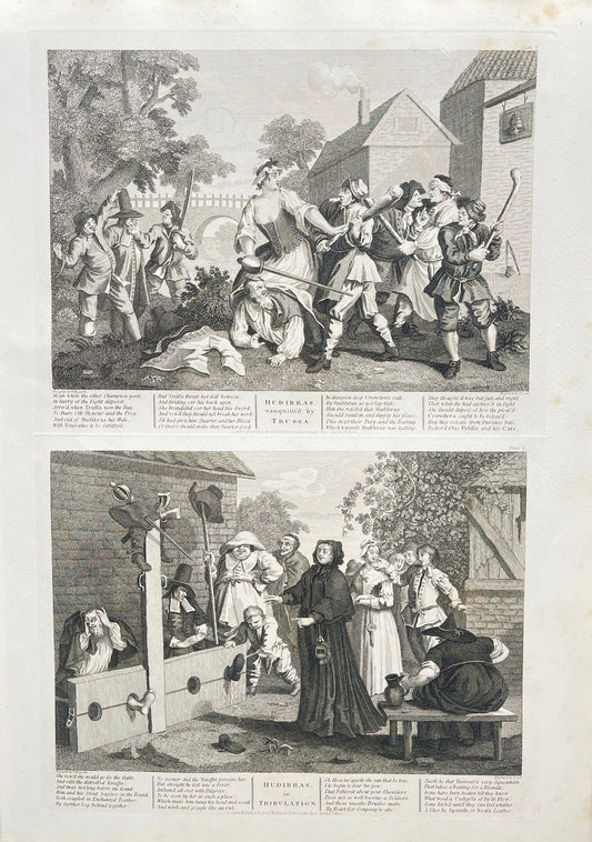Antique Engraving - William Hogarth - Doble Grabado 5 y 6 de Hudibras - E5