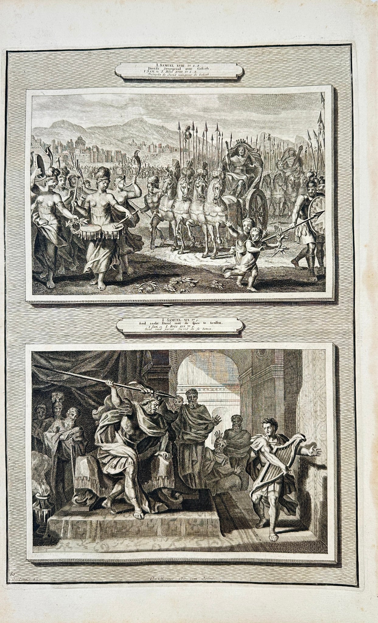 Antique Engraving - Pierre Mortier - Davids Zeegepraal Over Goliath - F5