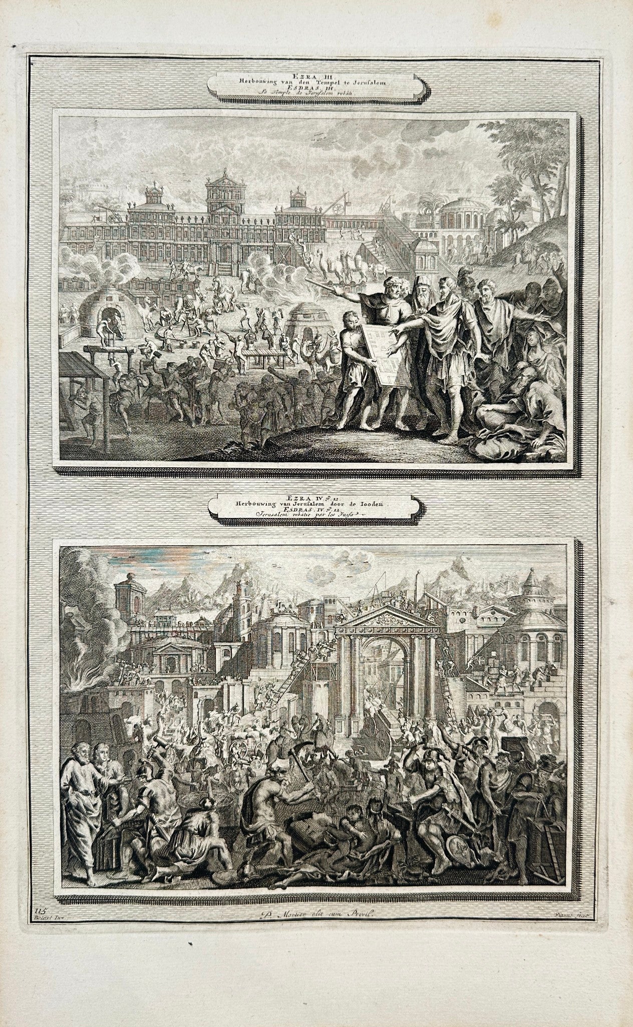 Antique Print - Pierre Mortier - The Reconstruction of the Temple - F5