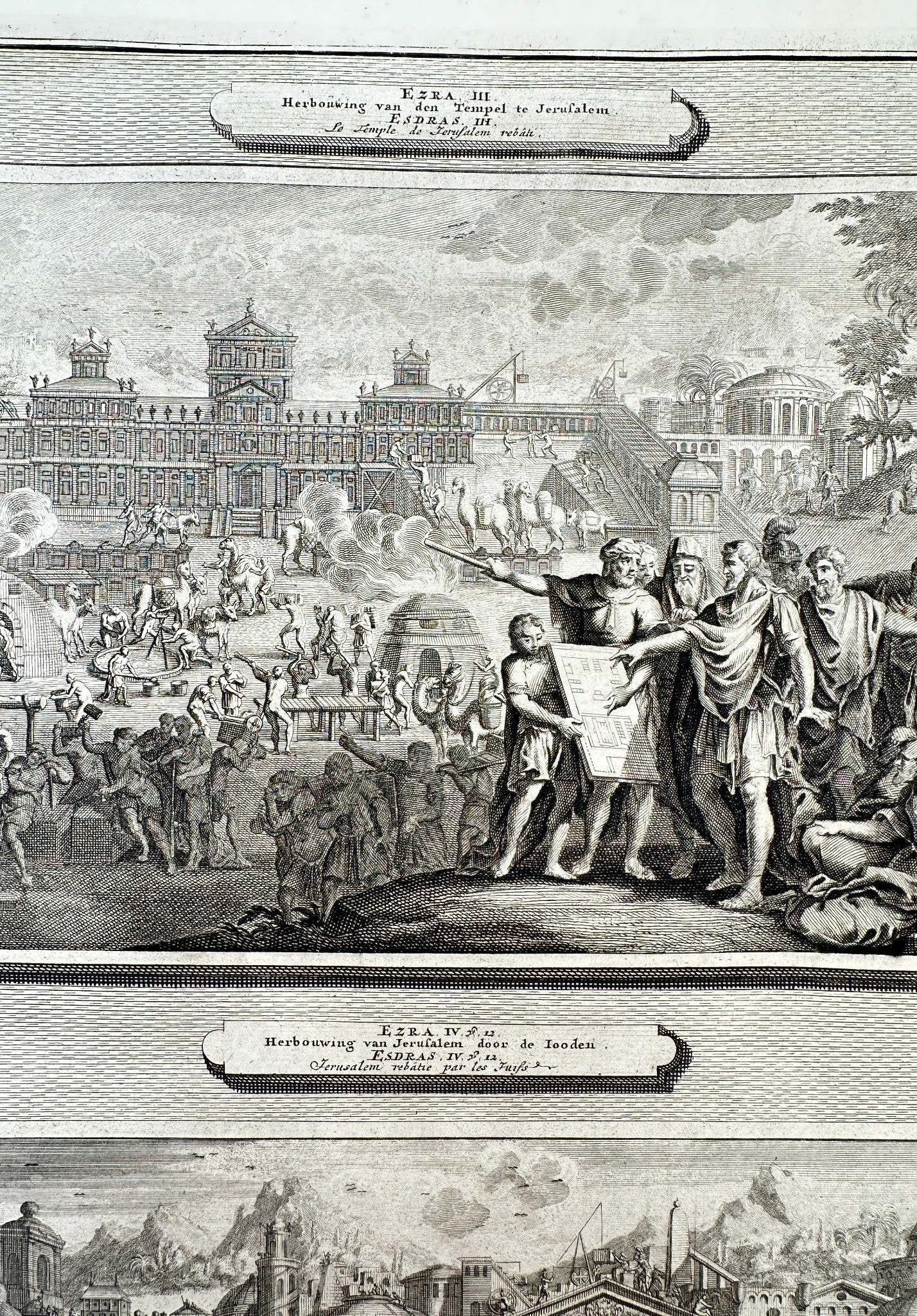 Antique Print - Pierre Mortier - The Reconstruction of the Temple - F5