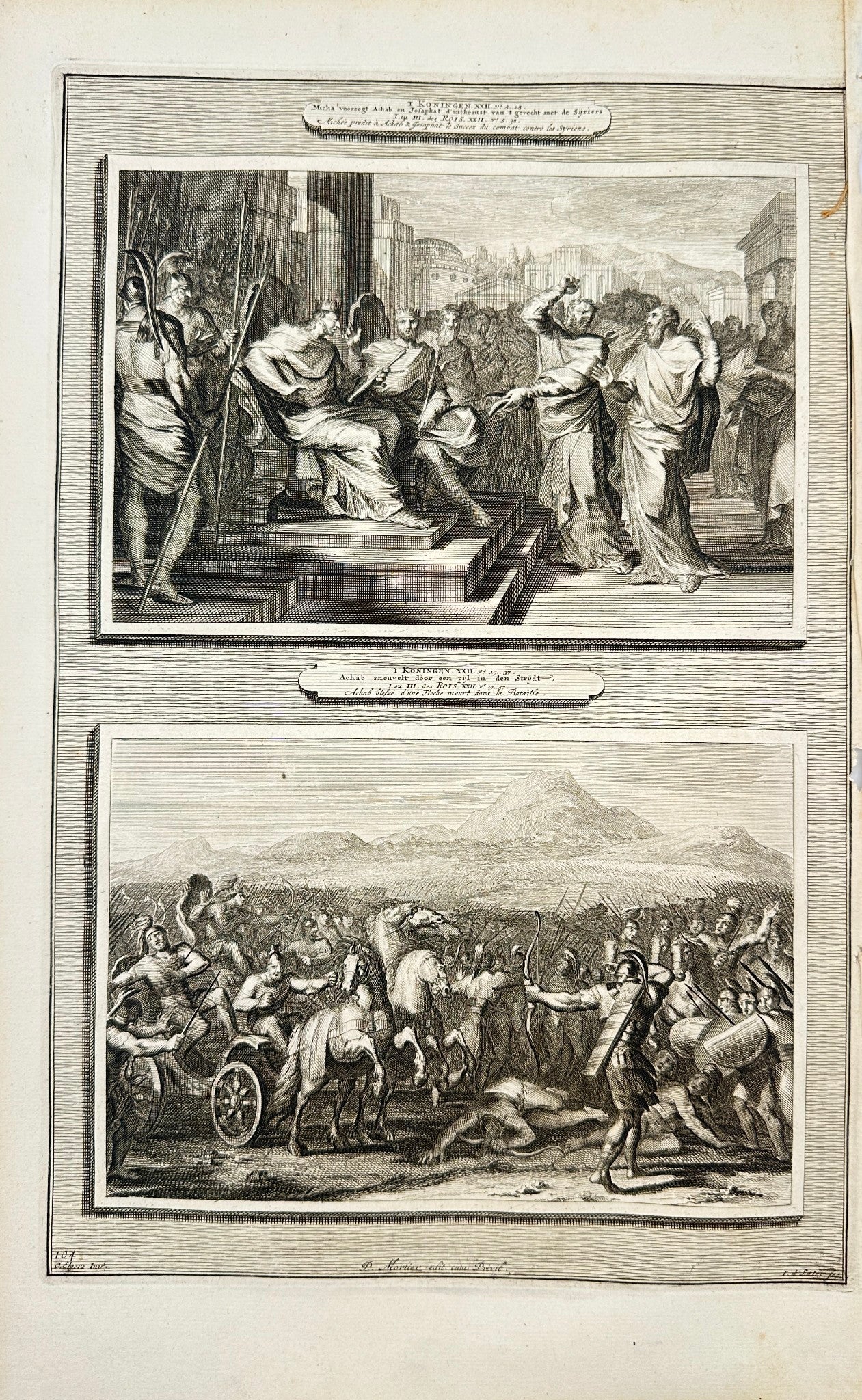 Antique Print - Pierre Mortier - Ahab Falls by an Arrow in the Battle - F5