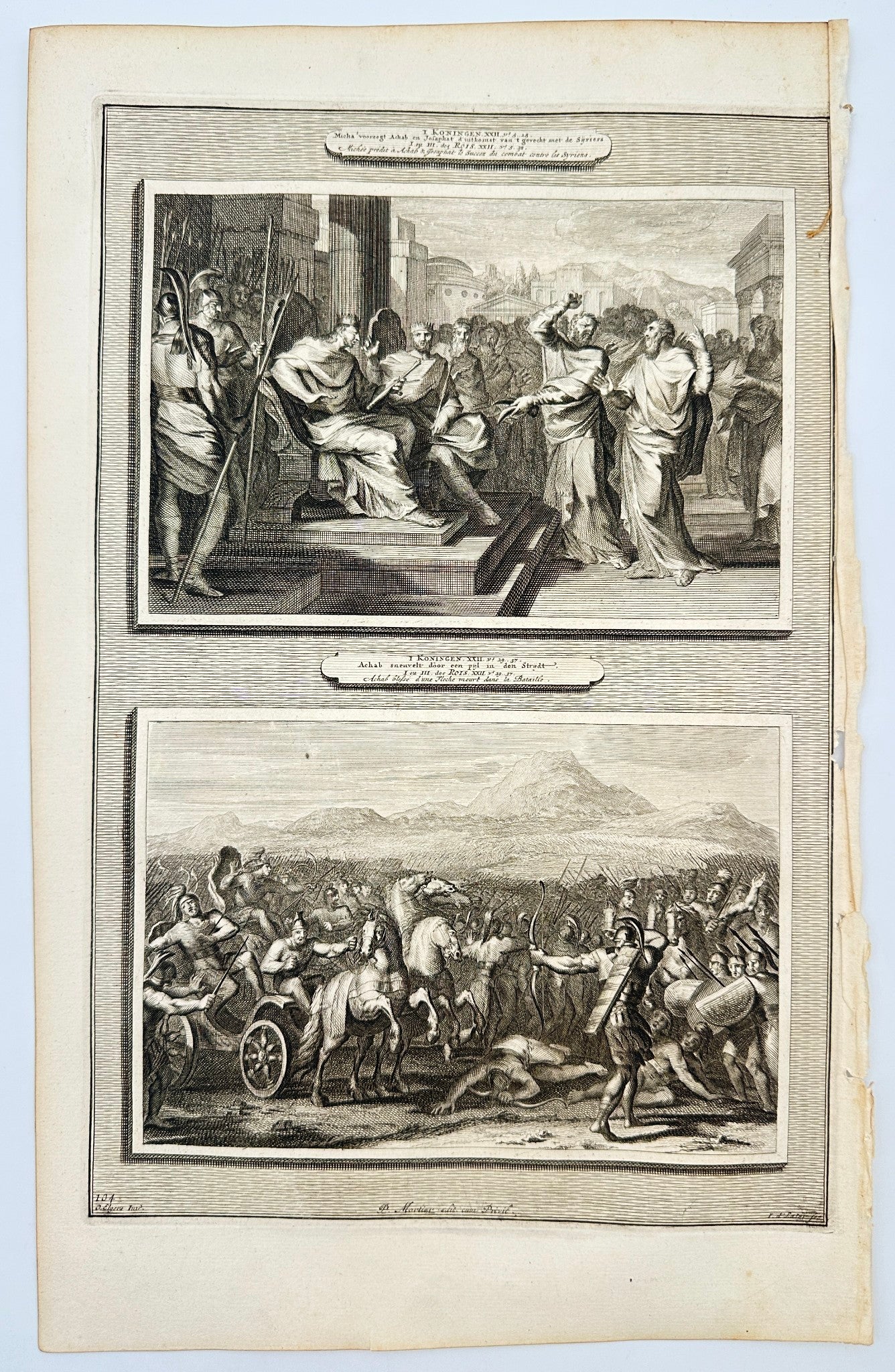 Antique Print - Pierre Mortier - Ahab Falls by an Arrow in the Battle - F5