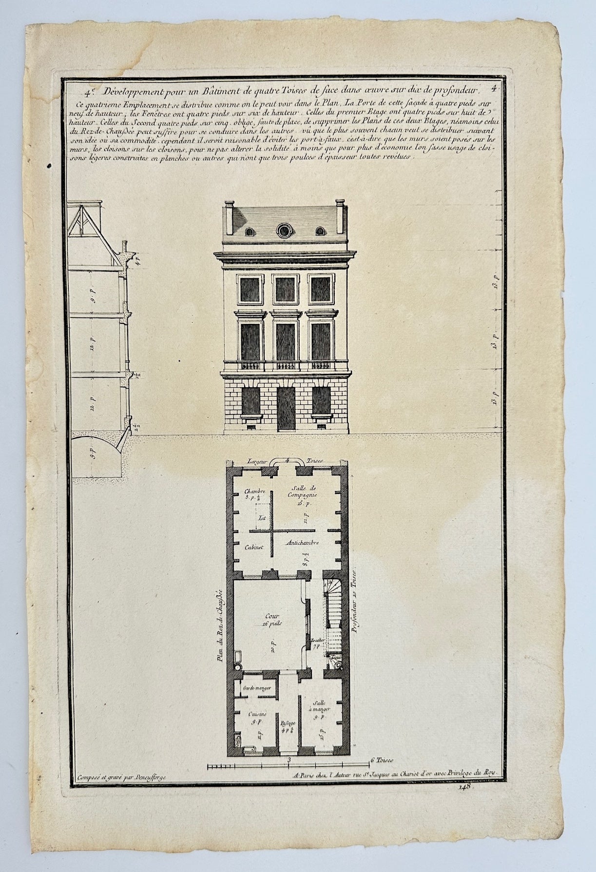 Antique Architectural Print - Development for a Building of four Tousee - F4