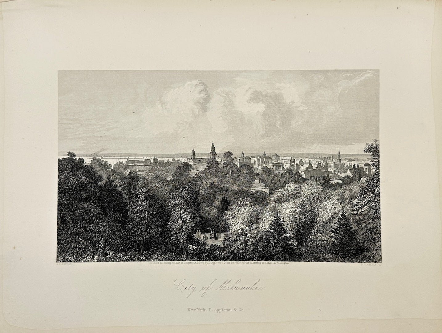 Antique Engraving - Cullen Bryant - View of City Milwaukee - New Jersey - F5