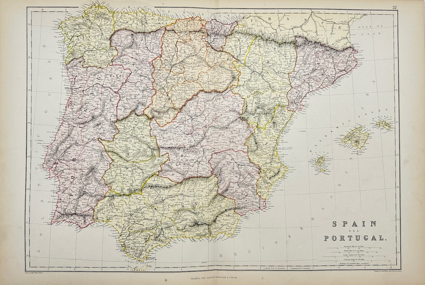 Antique Map - Walter Graham Blackie - Spain and Portugal - Atlantic Ocean - G3